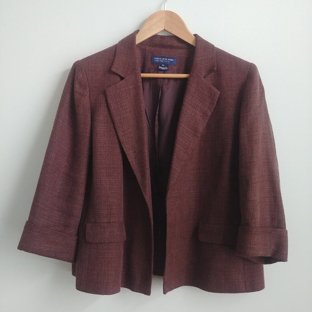 Jones New York brown heavy linen open front blazer jacket cropped sleeves Large